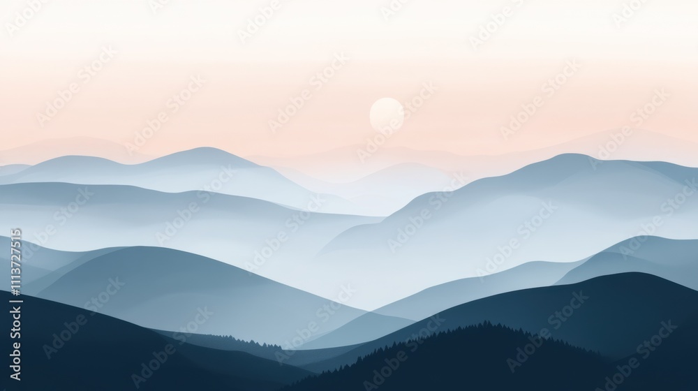 Serene sunrise over misty blue mountains, creating a tranquil and peaceful landscape. Serene sunrise over misty blue mountains, creating a tranquil and peaceful landscape.