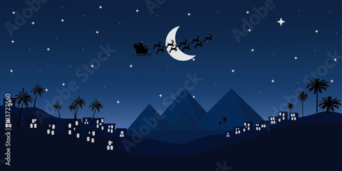 santa flying on the sleigh on Christmas eve over pyramids, dark blue sky with crescent moon and stars.