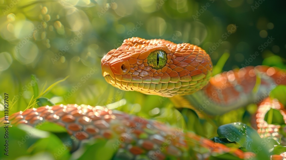 A close-up of a vibrant orange snake among lush green foliage. A close-up of a vibrant orange snake among lush green foliage.
