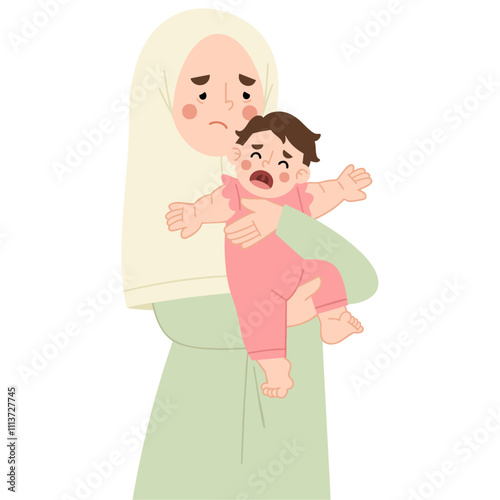 Illustration of a mother holding a fussy baby