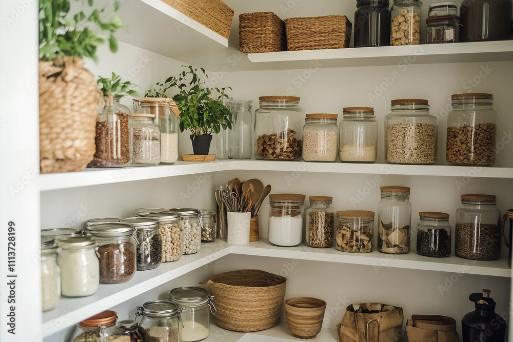 A functional pantry with white wooden shelving, neatly arranged jars, and a small plant's greenery adds a cozy atmosphere. A functional pantry with white wooden shelving, neatly arranged jars, and a small plant's greenery adds a cozy atmosphere.