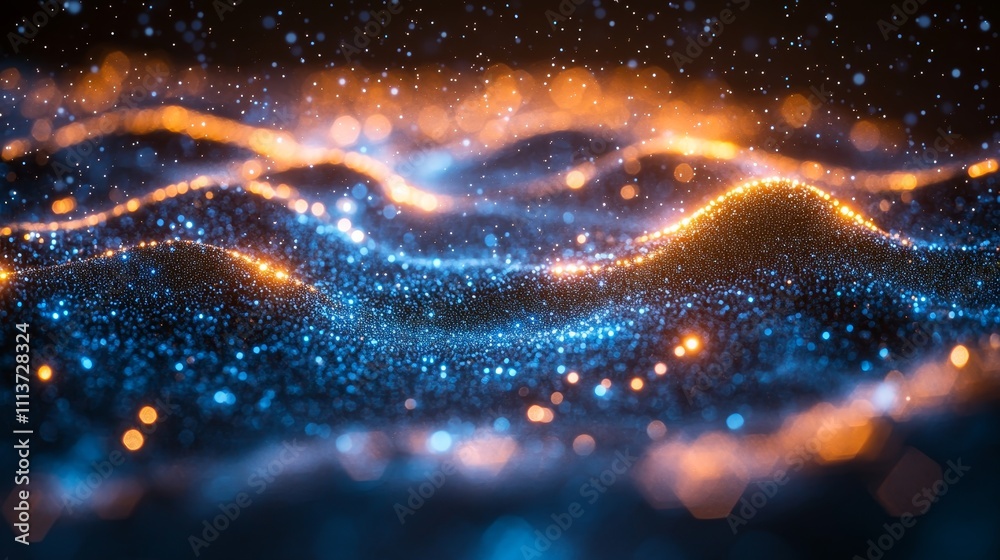 Abstract Waves with Glowing Particles in Blue and Orange Abstract Waves with Glowing Particles in Blue and Orange
