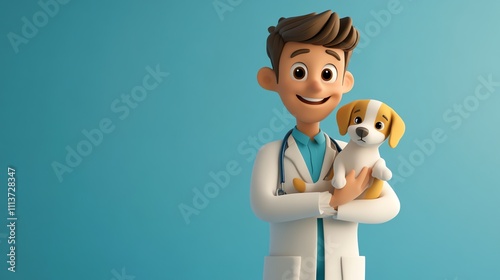 A 3D rendered cartoon character of a veterinarian holding a cartoon puppy in front of a blue background.