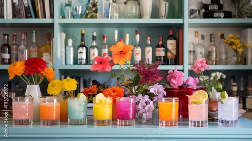 Wallpaper Mural Stylish and Inviting Mocktail Bar Setup Featuring Colorful Non Alcoholic Drinks Topped with Fresh Fruit and Herb Garnishes on a Beautifully Decorated Table Torontodigital.ca