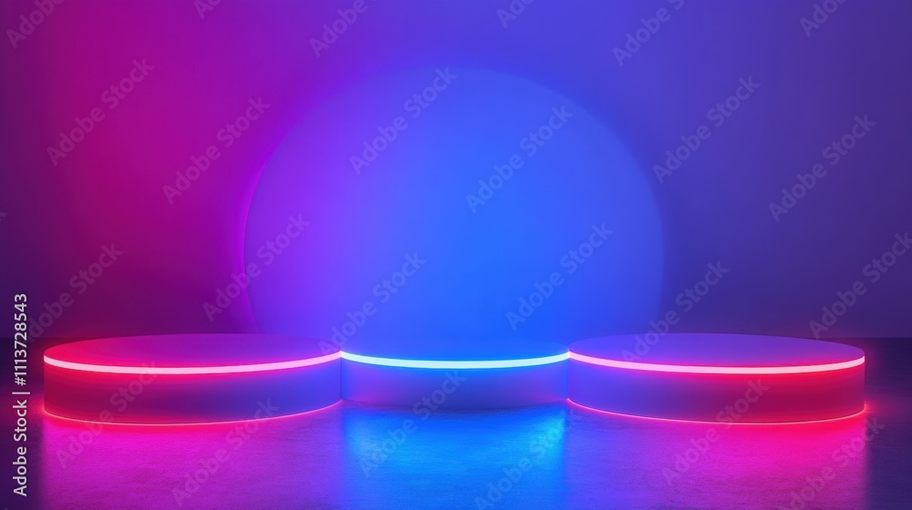 Modern set with illuminated platforms in vibrant pink and blue hues against a gradient background. Modern set with illuminated platforms in vibrant pink and blue hues against a gradient background.