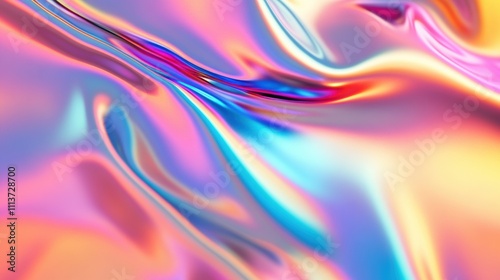 A colorful abstract swirl of iridescent fabric reflecting vibrant hues of blue, pink, and gold.