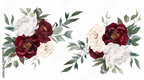 Greenery, Burgundy, and White Peony Bouquets: Vector design wedding bouquets with greenery, burgundy red, white peonies, and blush roses. Rustic greenery with mint and wine red tones.