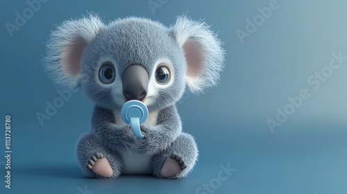 A cute, cartoon koala with a pacifier sits against a blue background.