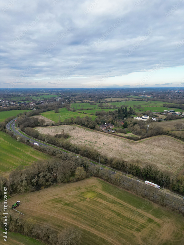 Aerial View of Central Hatfield City and Downtown of Hertfordshire, England, United Kingdom. High Angle Footage Was Captured with Drone's Camera from Medium High Altitude on March 9th, 2024 Aerial View of Central Hatfield City and Downtown of Hertfordshire, England, United Kingdom. High Angle Footage Was Captured with Drone's Camera from Medium High Altitude on March 9th, 2024