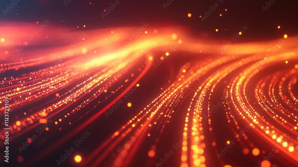 A mesmerizing display of glowing orange and red waves filled with shimmering particles. A mesmerizing display of glowing orange and red waves filled with shimmering particles.