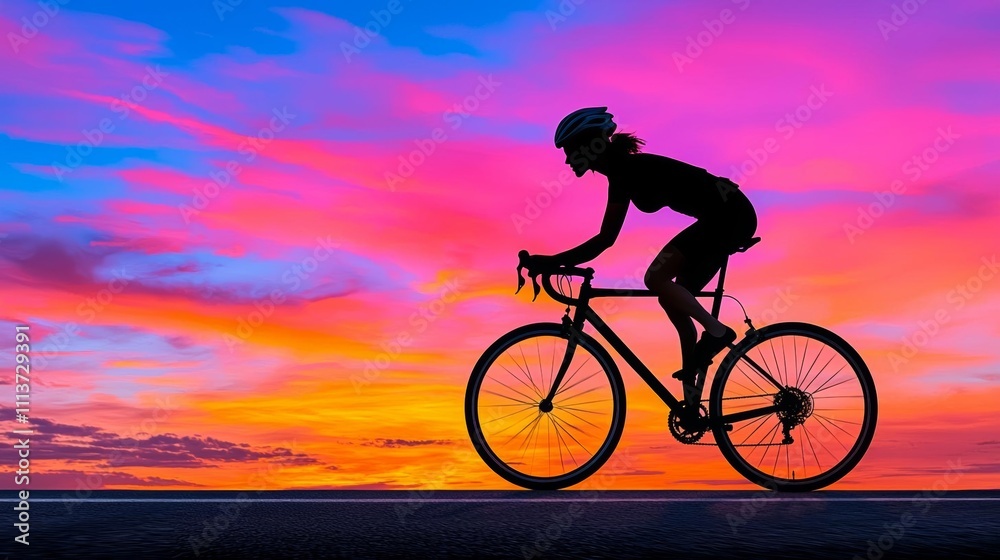 a photostock of a silhouette of a cyclist riding on an empty road under a pastel sky, active lifestyle 2025 a photostock of a silhouette of a cyclist riding on an empty road under a pastel sky, active lifestyle 2025