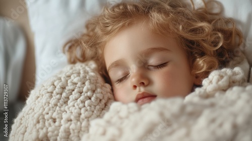 Child sleeps peacefully in bed, wrapped in a soft blanket, enjoying a serene moment during the afternoon light