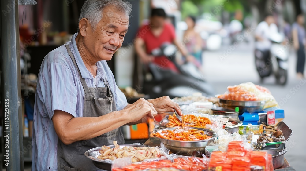 Fototapeta premium Elderly vendor preparing fresh street food at a bustling market in the afternoon