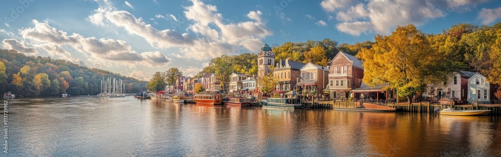 Obraz premium Visitors enjoy the warm colors of autumn in this picturesque riverside town, where quaint buildings line the water and boats float gently nearby.