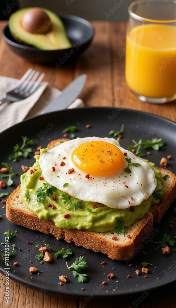 Delicious avocado toast topped with fried egg and spices, served with orange juice
Delicious avocado toast topped with fried egg and spices, served with orange juice
