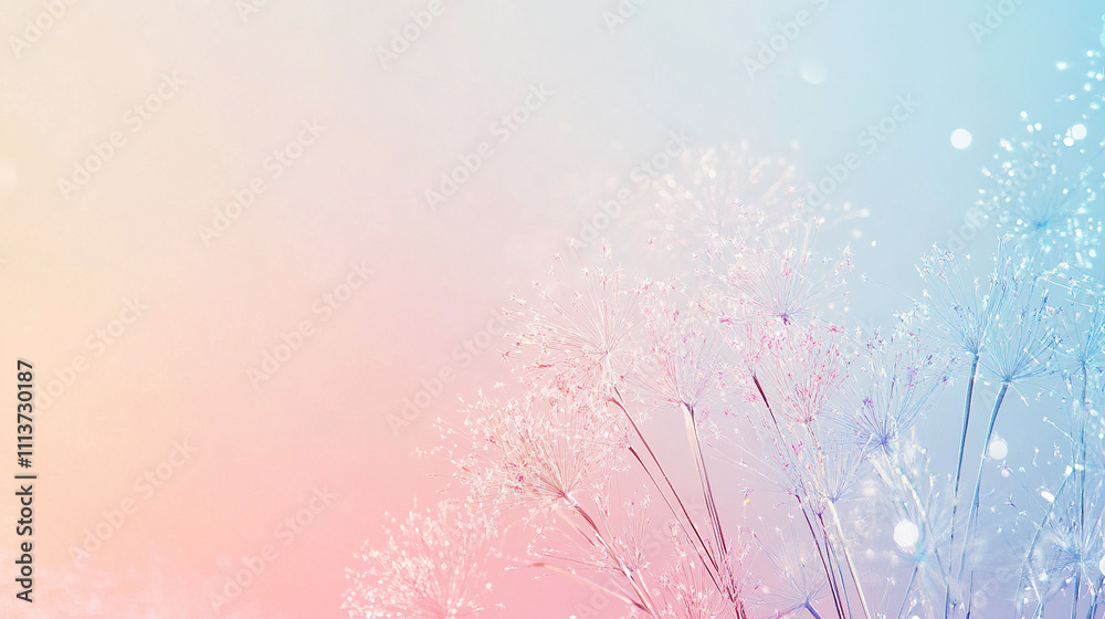 Fototapeta premium Simplistic fireworks in pastel tones on a gradient background transitioning from light pink to sky blue.
