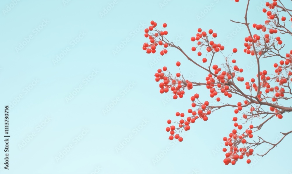 Vibrant red berries against blue sky, branch adorned with clusters of bright red berries, minimalistic composition, serene atmosphere Vibrant red berries against blue sky, branch adorned with clusters of bright red berries, minimalistic composition, serene atmosphere