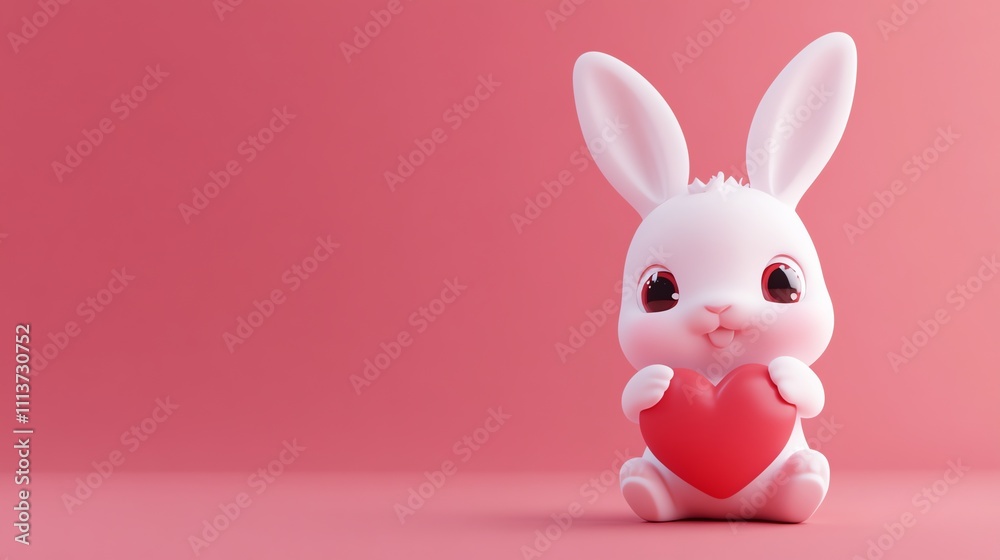A cute, cartoon bunny rabbit holds a red heart against a pink background. A cute, cartoon bunny rabbit holds a red heart against a pink background.