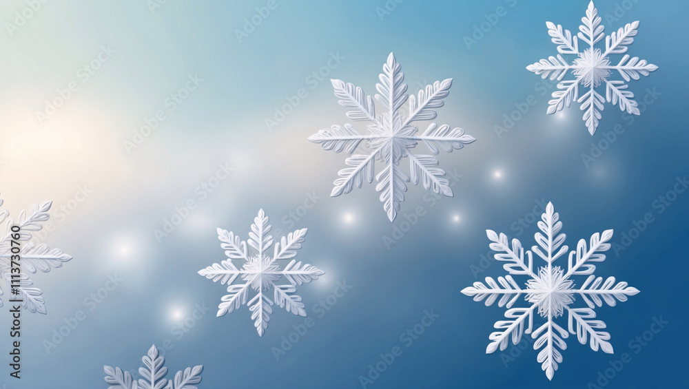 Ornate ornamented lace white snowflakes falling on blue background Ornate ornamented lace white snowflakes falling on blue background