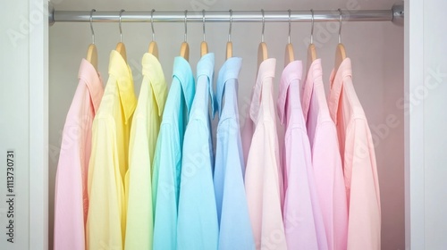 Shirts in soft pastel hues are arranged in a tidy closet, presenting an organized selection that enhances the space's aesthetic appeal photo