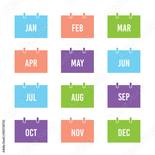 Yearly calendar icons set. All twelve months with names in abbreviated form. Plus two additional planning icons. Flat vector illustration isolated on white.