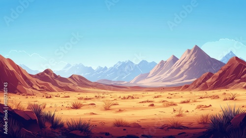 A serene desert landscape with rugged mountains and clear blue skies.