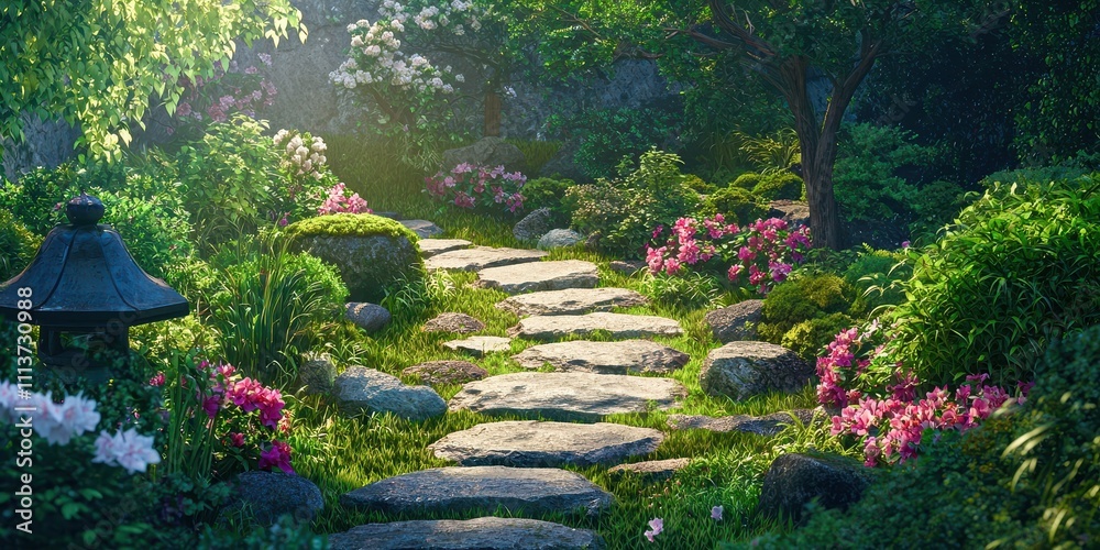 Obraz premium Path through a garden with a stone walkway and flowers