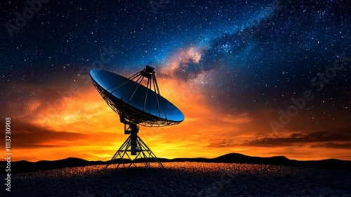 a photostock of a single satellite dish silhouette under a gradient night sky, space exploration 2025