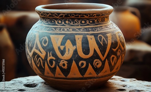 Clay Pot with Intricate Lettering Divine Craftsmanship and Creativity in Warm Light photo