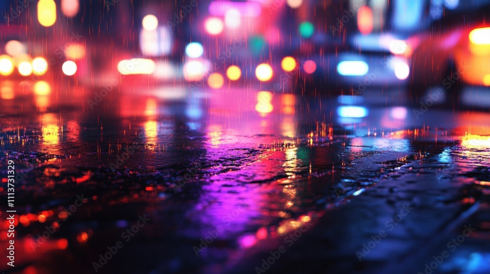 Colorful reflections on a wet street in a vibrant, urban scene during nighttime. Colorful reflections on a wet street in a vibrant, urban scene during nighttime.