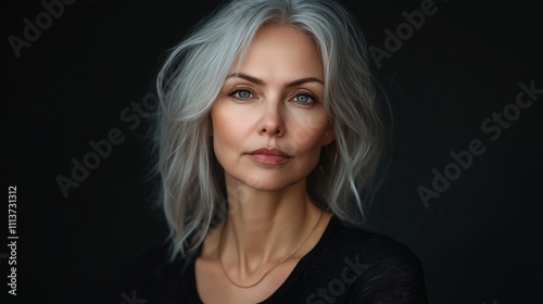 Silver Elegance: A captivating portrait of a woman with stunning silver hair, exuding confidence and timeless beauty against a dark background. 