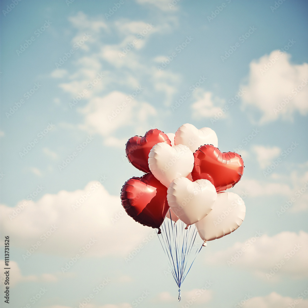 Fototapeta premium romantic white and red heart shaped balloons floating in the sky
