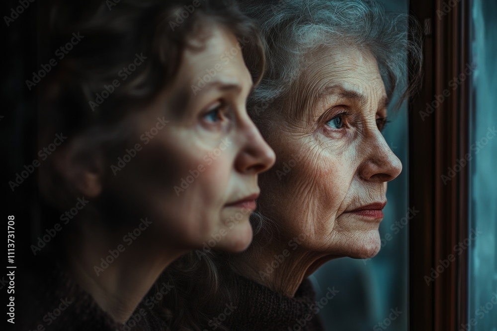 Reflective moments between two generations captured through a window during twilight Reflective moments between two generations captured through a window during twilight
