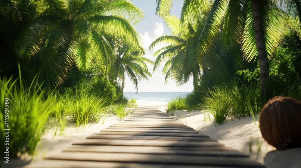 Serene tropical pathway leading to a tranquil beach with palm trees and lush greenery. Serene tropical pathway leading to a tranquil beach with palm trees and lush greenery.