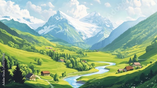 Scenic view of a vibrant valley with mountains, lush greenery, and a meandering river under a bright sky.