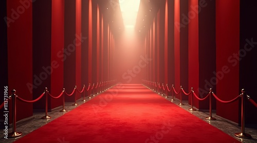 Illuminated red carpet walkway with velvet ropes in a grand hallway. Luxurious entrance setting for formal events or premieres