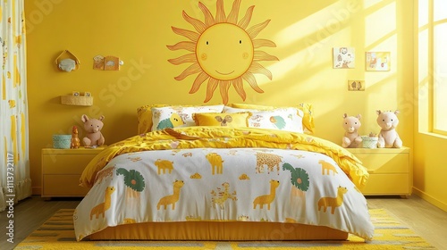 A sunny yellow children's bedroom featuring a cheerful sun mural above a cozy bed. The bedding has playful animal motifs, with a bright rug adding warmth to the space.