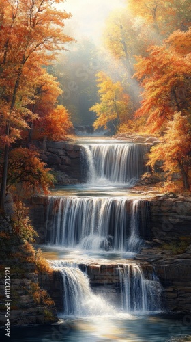 Amidst colorful autumn leaves, cascading waterfalls flow gracefully through Little River Canyon, illuminated by soft afternoon sunlight, creating a serene and picturesque retreat.