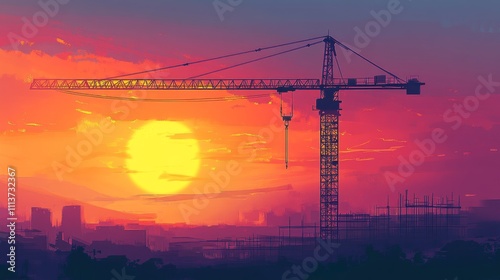 Skyscraper construction and tower crane at Sunrise.