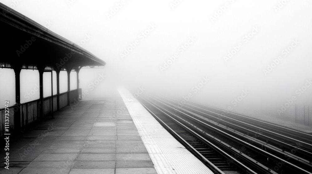 Fototapeta premium Misty Railway Platform in Monochrome Tones