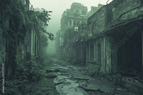 Overgrown vegetation and crumbling buildings occupy this abandoned street, creating a haunting atmosphere that reflects neglect and desolation.
