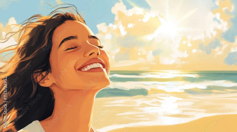 A joyful young woman with dark hair smiles brightly against a stunning beach sunset. A joyful young woman with dark hair smiles brightly against a stunning beach sunset.