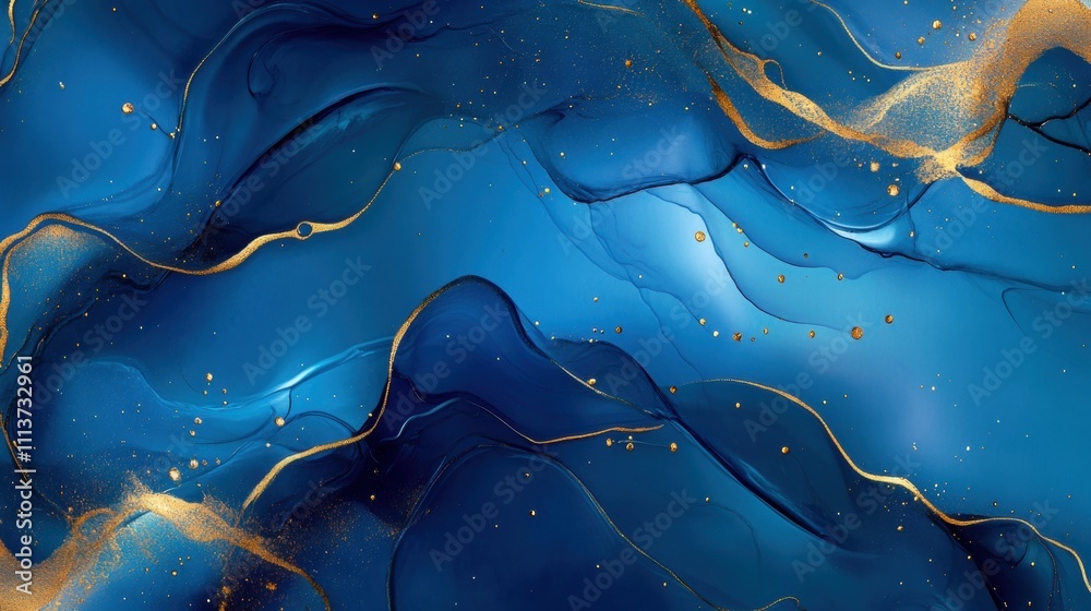 A stunning abstract design featuring flowing waves of deep blue and shimmering gold accents.