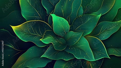 A rich abstract background with neon green and gold-accented leaves layered over a deep, dark green surface, featuring a central area for copy text. photo