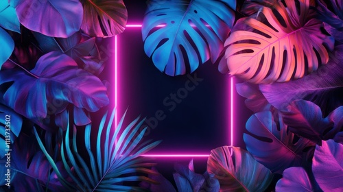 Vibrant jungle leaves in neon colors create a stunning backdrop with a glowing square frame, perfect for creative designs. photo