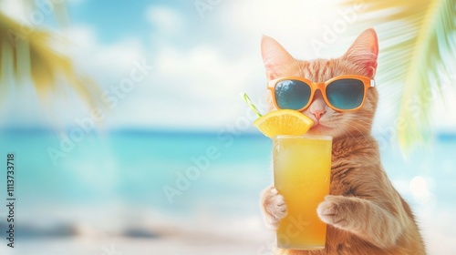 A playful orange tabby cat wearing sunglasses enjoys a refreshing drink on a sunny beach. photo