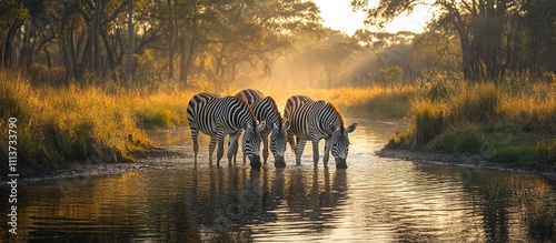 Three zebras drinking water at sunrise in a tranquil African savanna river.