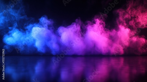 Colorful smoke in vibrant shades of blue and pink creates a mystical atmosphere.