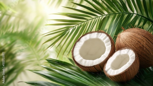 Fresh coconuts with green palm leaves, showcasing nature's tropical bounty.