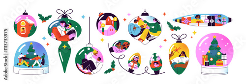 Set of Christmas ornaments. People, happy couples have fun inside Xmas balls, snow globe, decorations. Concept of New Year, winter holiday celebration. Flat isolated vector illustrations on white